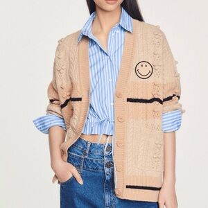 Sandro Beige Knit Cardigan with Smiley Detail